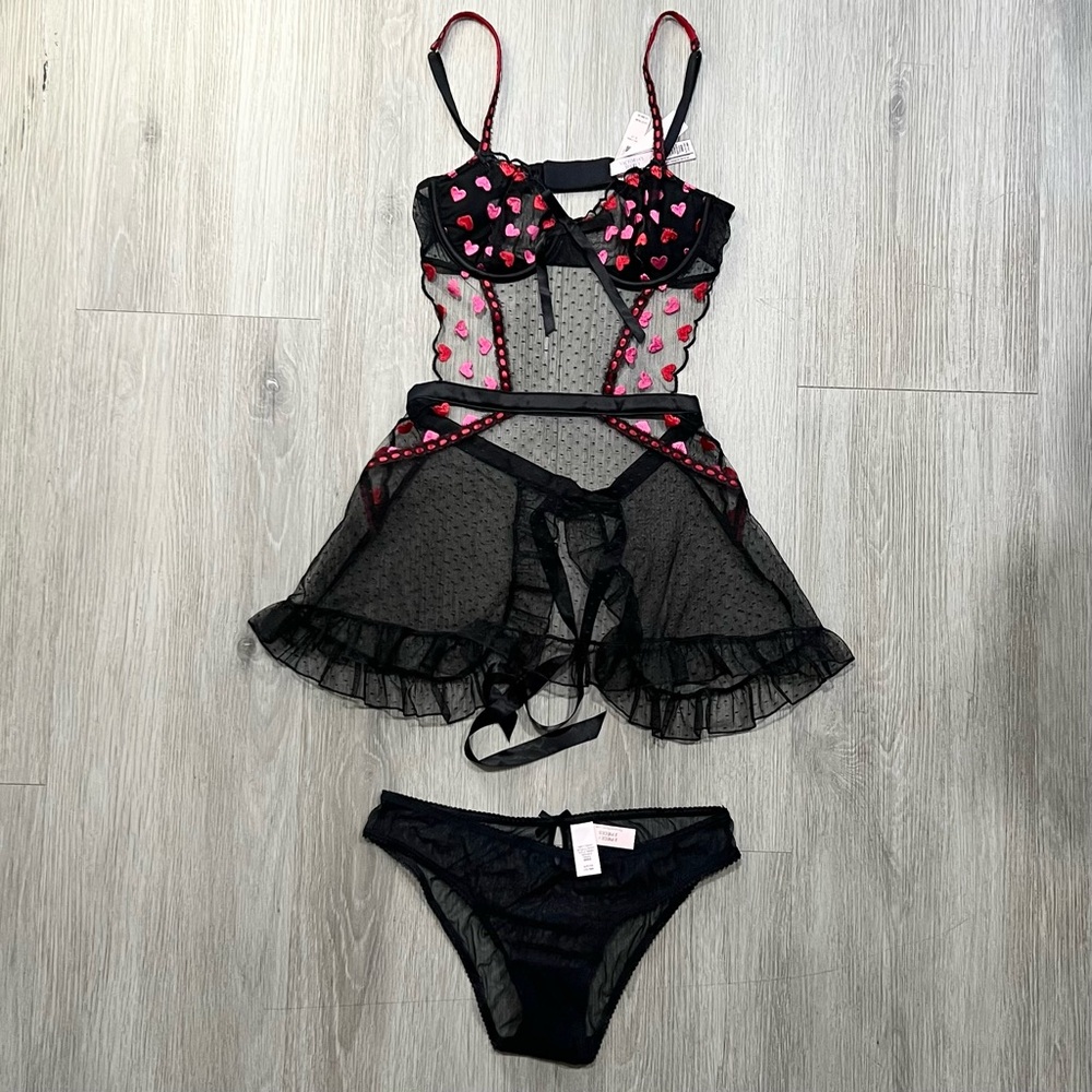 Victoria's Secret Black Mesh Babydoll with Pink Heart Accents